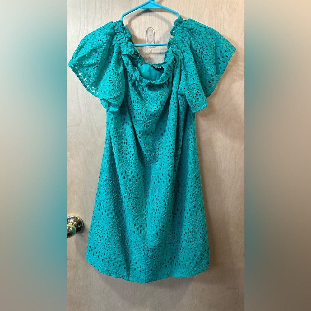 a.n.a. lacy long tunic, blouse, size M, teal, ruffled neck, lined, feminine